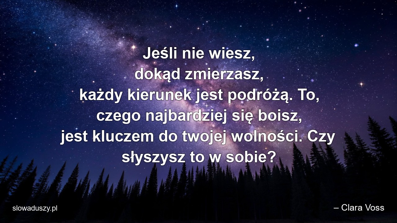 Jeśli nie wiesz,  dokąd zmierzasz,  każdy kierunek jest podróżą. To,  czego najbardziej się boisz,  jest kluczem do twojej wolności. Czy słyszysz to w sobie? - – Clara Voss