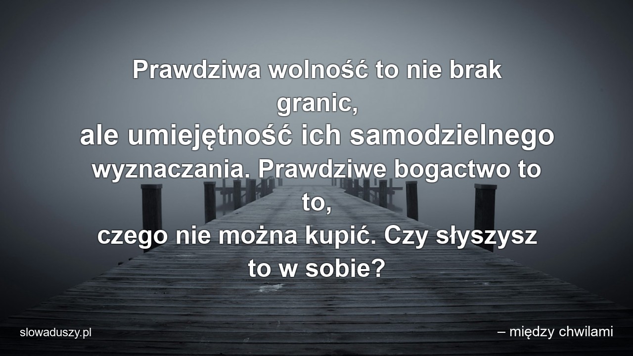 Prawdziwa wolność to nie brak granic,  ale umiejętność ich samodzielnego wyznaczania. Prawdziwe bogactwo to to,  czego nie można kupić. Czy słyszysz to w sobie? - – między chwilami