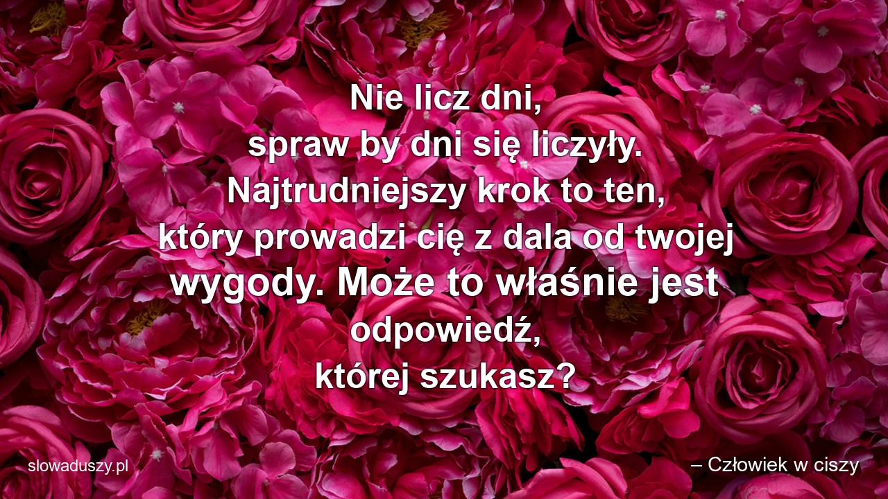Nie licz dni,  spraw by dni się liczyły. Najtrudniejszy krok to ten,  który prowadzi cię z dala od twojej wygody. Może to właśnie jest odpowiedź,  której szukasz? - – Człowiek w ciszy