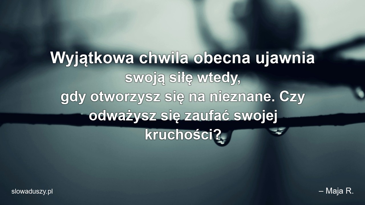 Wyjątkowa chwila obecna ujawnia swoją siłę wtedy,  gdy otworzysz się na nieznane. Czy odważysz się zaufać swojej kruchości? - – Maja R.