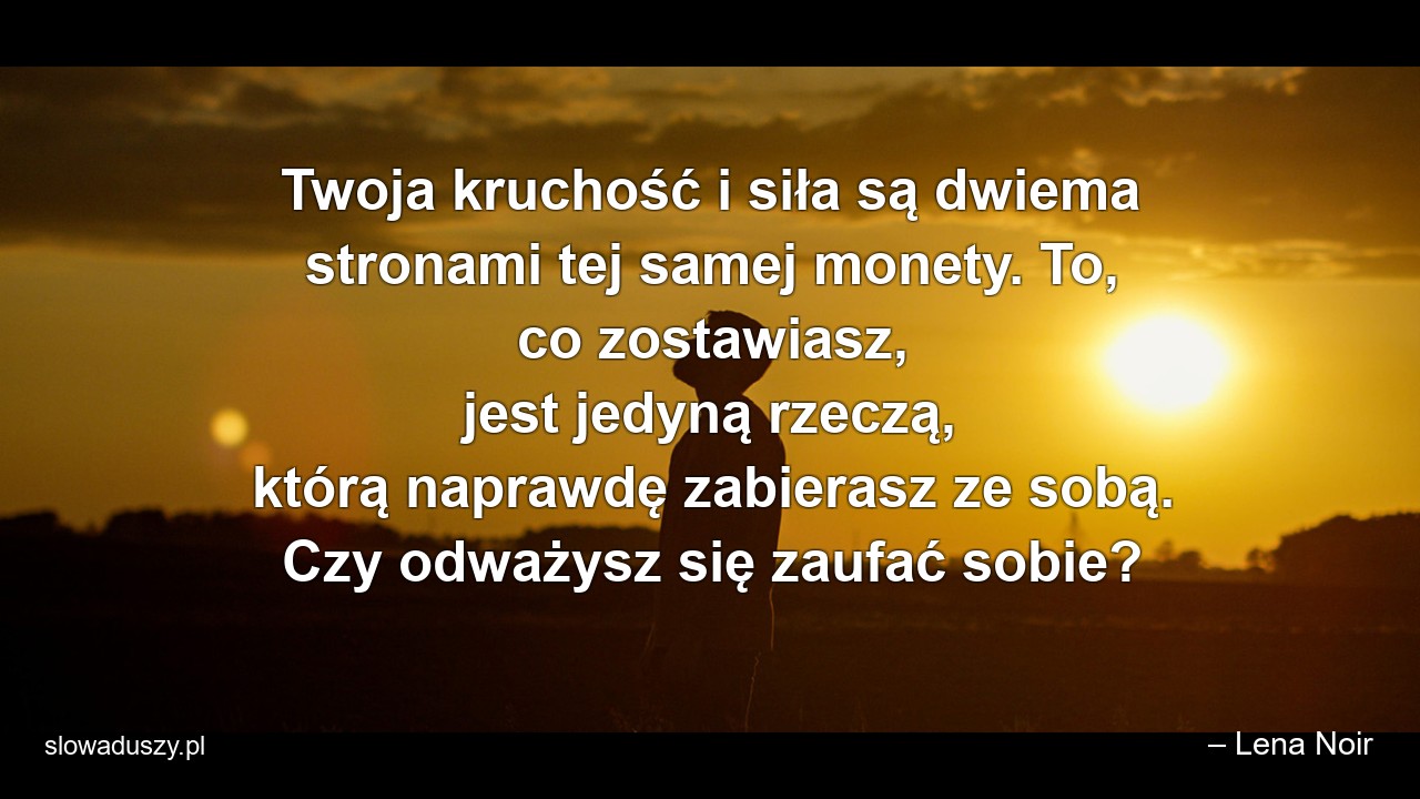 Twoja kruchość i siła są dwiema stronami tej samej monety. To,  co zostawiasz,  jest jedyną rzeczą,  którą naprawdę zabierasz ze sobą. Czy odważysz się zaufać sobie? - – Lena Noir