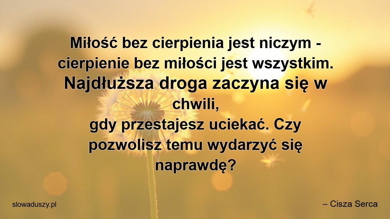 Miłość bez cierpienia jest niczym - cierpienie bez miłości jest wszystkim. Najdłuższa droga zaczyna się w chwili,  gdy przestajesz uciekać. Czy pozwolisz temu wydarzyć się naprawdę?