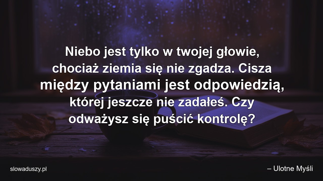 Niebo jest tylko w twojej głowie,  chociaż ziemia się nie zgadza. Cisza między pytaniami jest odpowiedzią,  której jeszcze nie zadałeś. Czy odważysz się puścić kontrolę? - – Ulotne Myśli