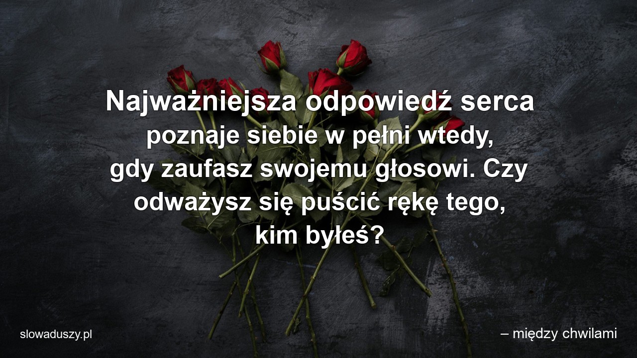 Najważniejsza odpowiedź serca poznaje siebie w pełni wtedy,  gdy zaufasz swojemu głosowi. Czy odważysz się puścić rękę tego,  kim byłeś?