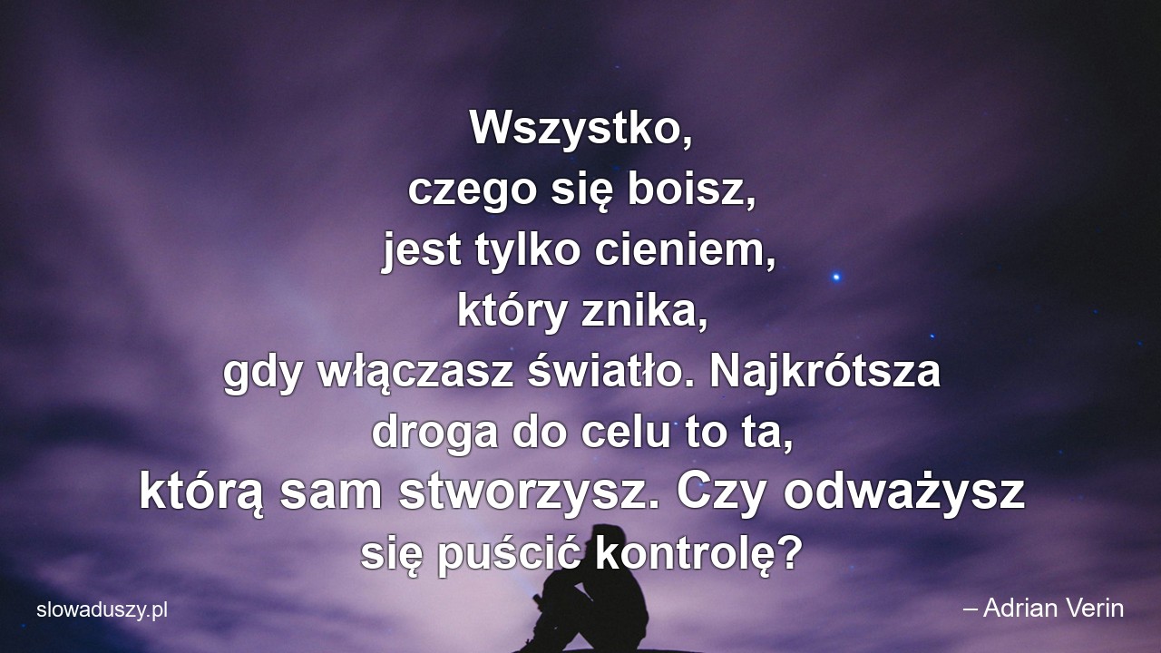 Wszystko,  czego się boisz,  jest tylko cieniem,  który znika,  gdy włączasz światło. Najkrótsza droga do celu to ta,  którą sam stworzysz. Czy odważysz się puścić kontrolę?