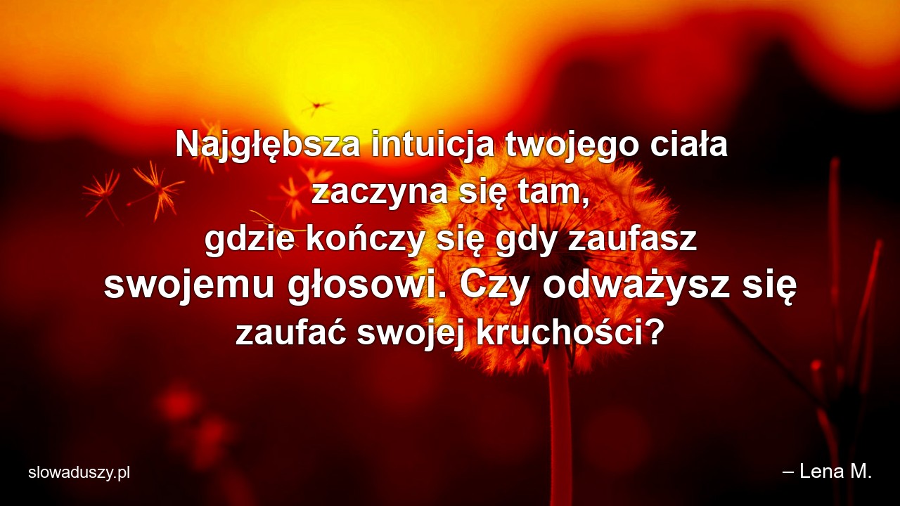 Najgłębsza intuicja twojego ciała zaczyna się tam,  gdzie kończy się gdy zaufasz swojemu głosowi. Czy odważysz się zaufać swojej kruchości? - – Lena M.