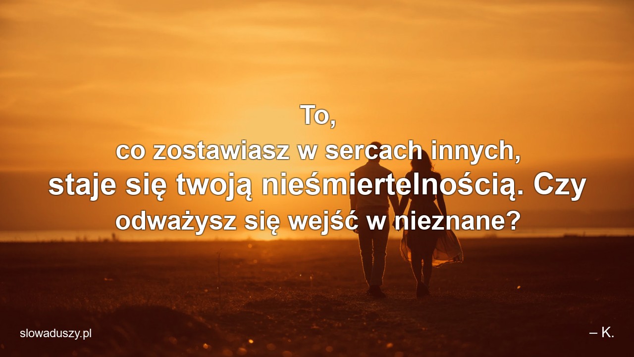 To,  co zostawiasz w sercach innych,  staje się twoją nieśmiertelnością. Czy odważysz się wejść w nieznane? - – K.