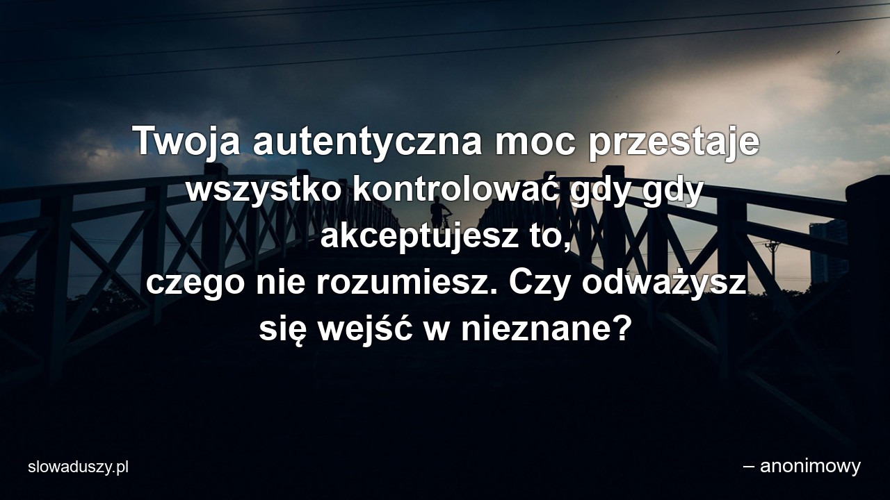 Twoja autentyczna moc przestaje wszystko kontrolować gdy gdy akceptujesz to,  czego nie rozumiesz. Czy odważysz się wejść w nieznane?