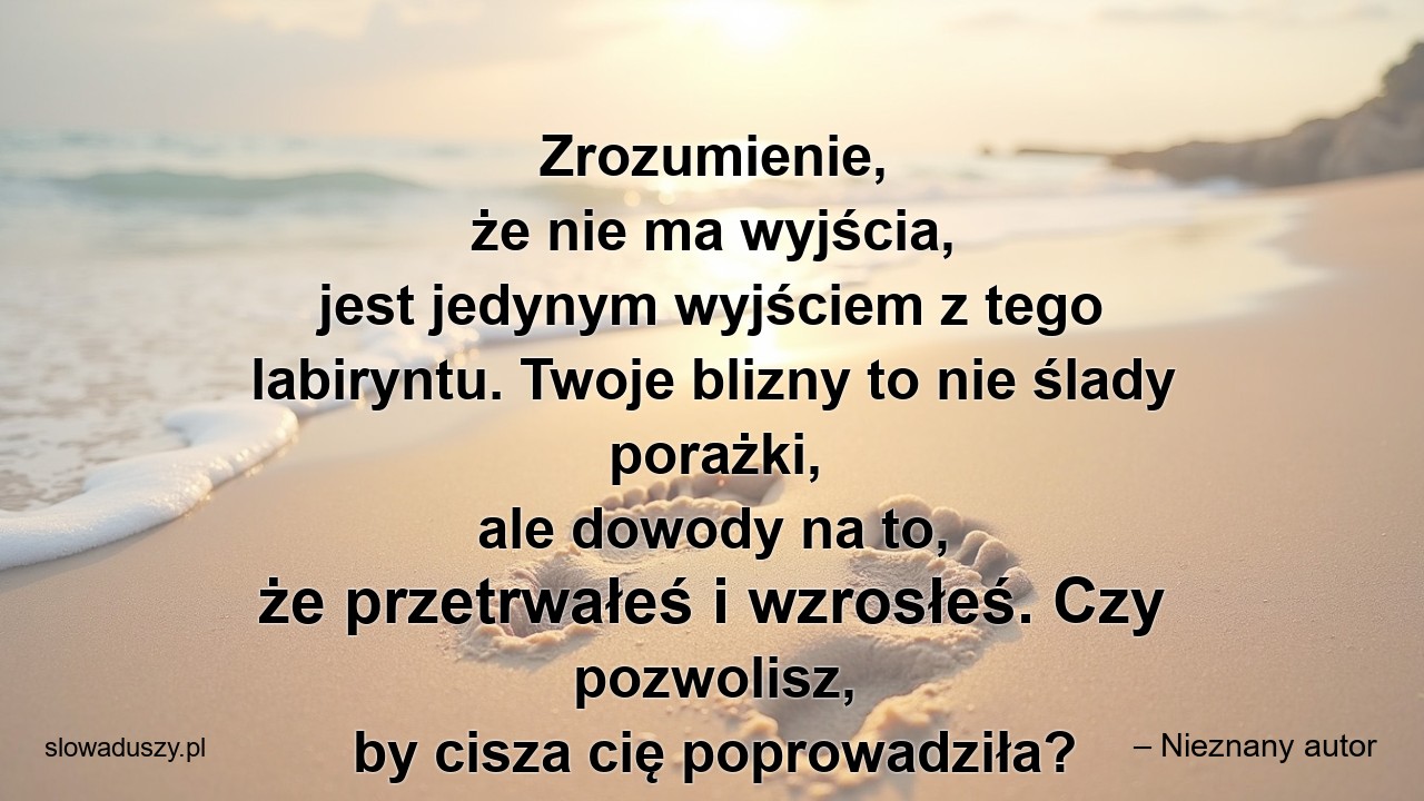 Zrozumienie,  że nie ma wyjścia,  jest jedynym wyjściem z tego labiryntu. Twoje blizny to nie ślady porażki,  ale dowody na to,  że przetrwałeś i wzrosłeś. Czy pozwolisz,  by cisza cię poprowadziła? - – Nieznany autor