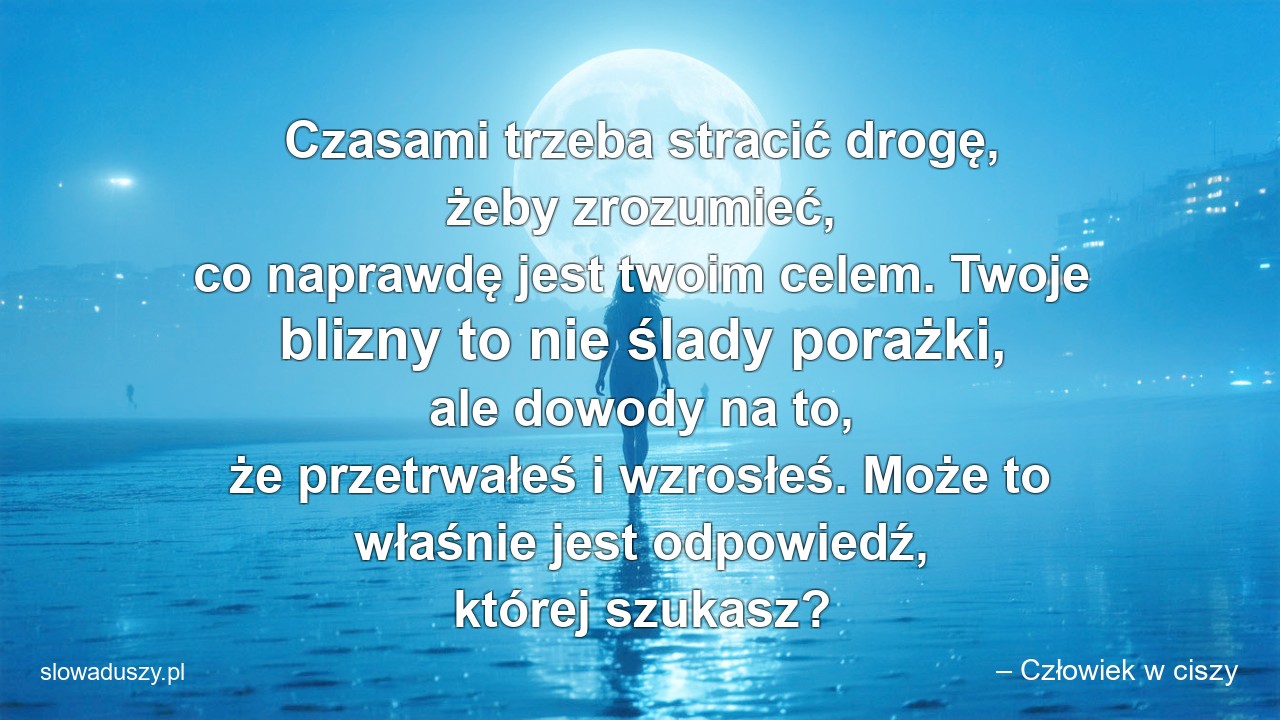 Czasami trzeba stracić drogę,  żeby zrozumieć,  co naprawdę jest twoim celem. Twoje blizny to nie ślady porażki,  ale dowody na to,  że przetrwałeś i wzrosłeś. Może to właśnie jest odpowiedź,  której szukasz? - – Człowiek w ciszy
