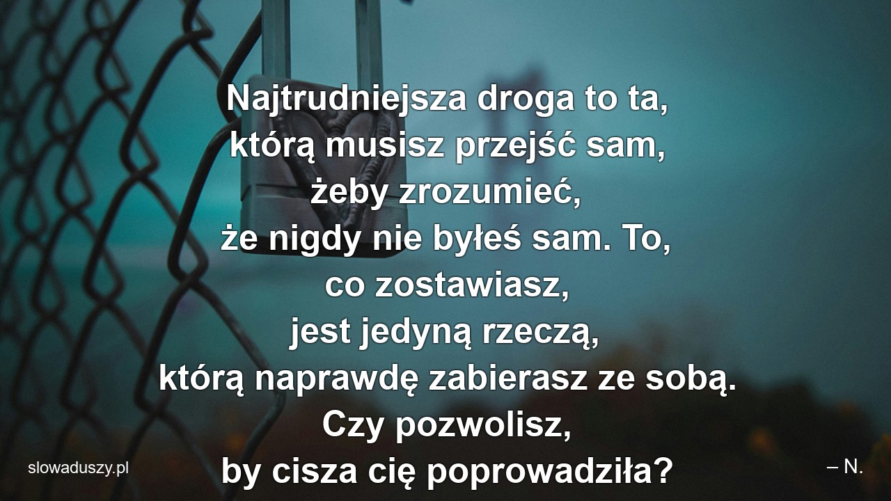 Najtrudniejsza droga to ta,  którą musisz przejść sam,  żeby zrozumieć,  że nigdy nie byłeś sam. To,  co zostawiasz,  jest jedyną rzeczą,  którą naprawdę zabierasz ze sobą. Czy pozwolisz,  by cisza cię poprowadziła? - – N.