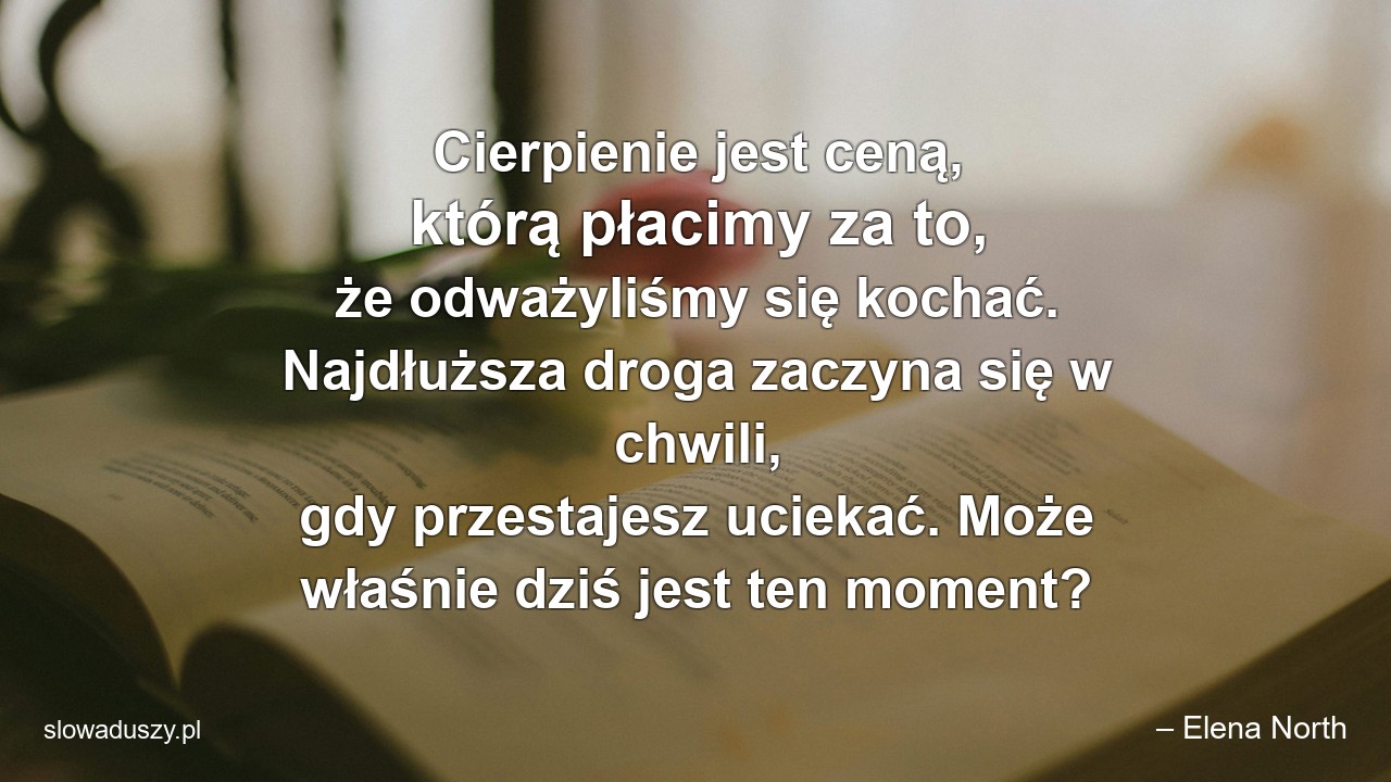 Cierpienie jest ceną,  którą płacimy za to,  że odważyliśmy się kochać. Najdłuższa droga zaczyna się w chwili,  gdy przestajesz uciekać. Może właśnie dziś jest ten moment? - – Elena North