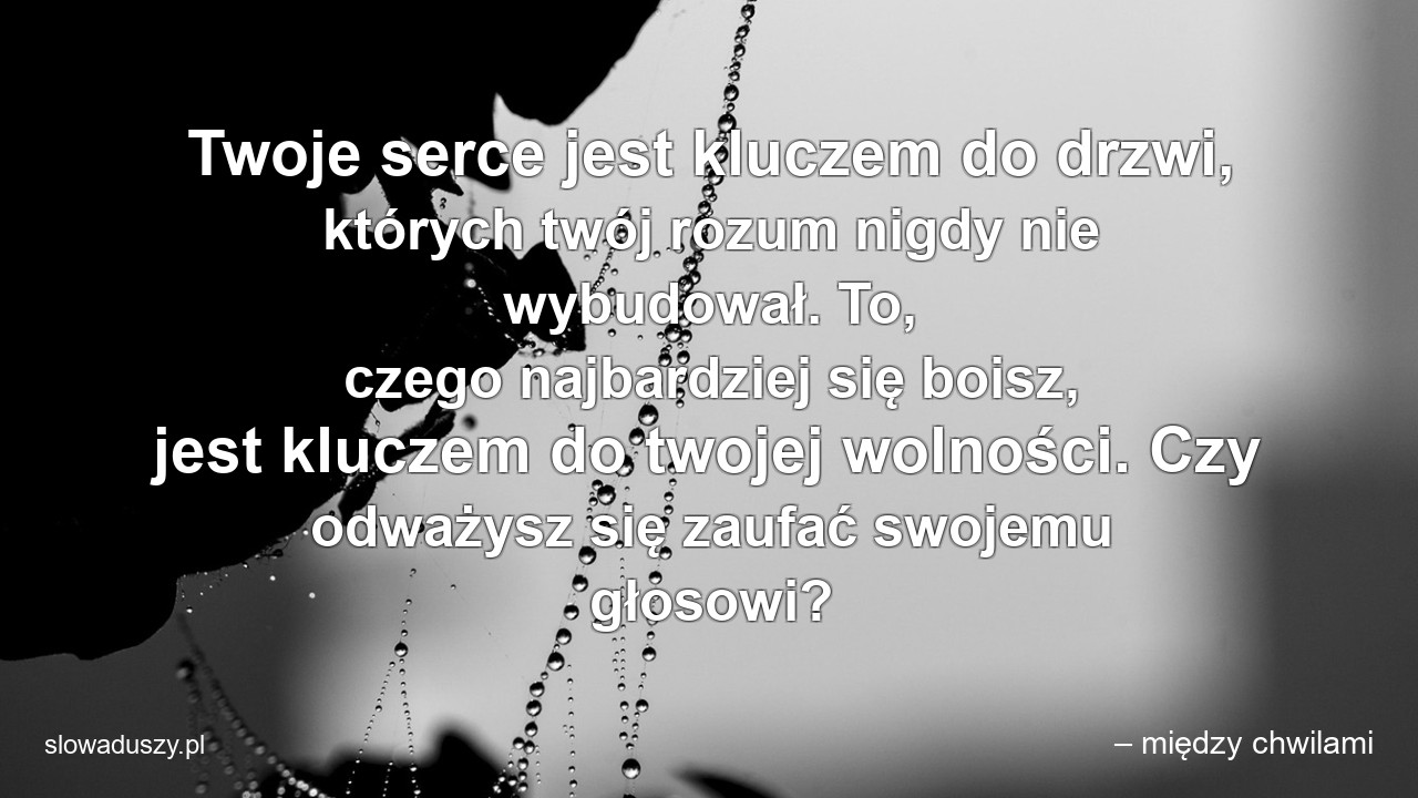 Twoje serce jest kluczem do drzwi,  których twój rozum nigdy nie wybudował. To,  czego najbardziej się boisz,  jest kluczem do twojej wolności. Czy odważysz się zaufać swojemu głosowi?