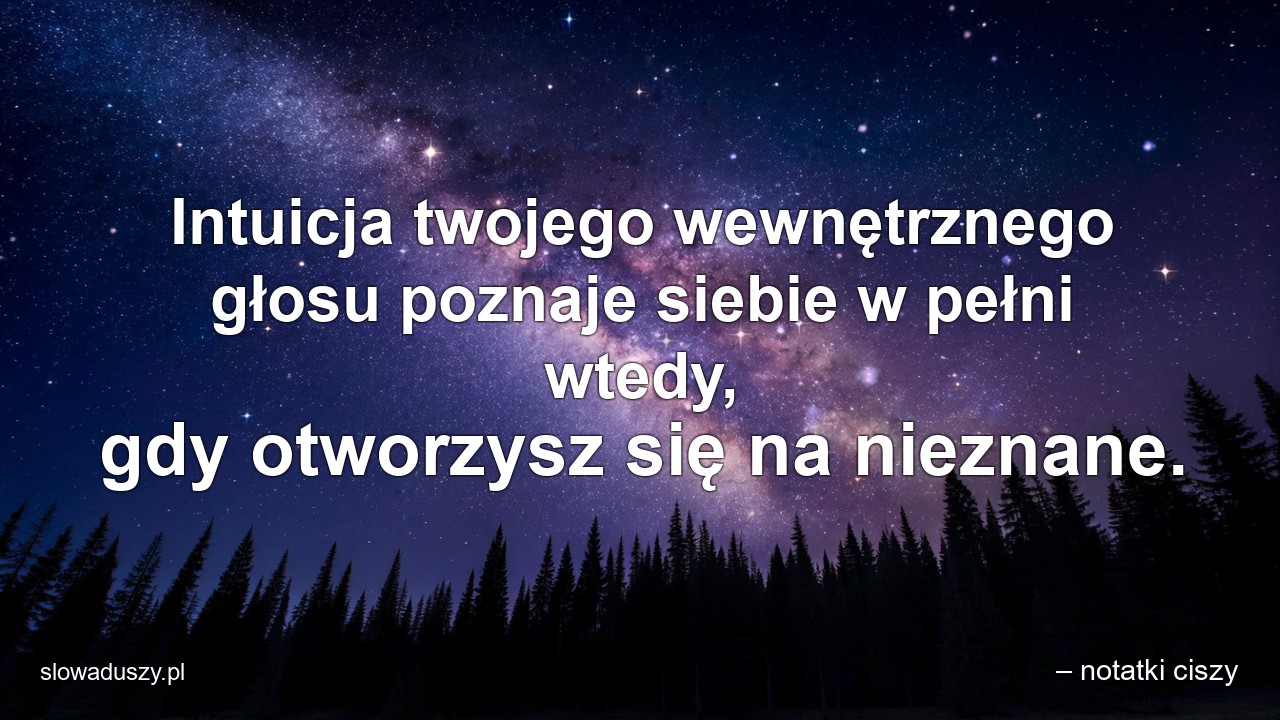 Intuicja twojego wewnętrznego głosu poznaje siebie w pełni wtedy,  gdy otworzysz się na nieznane. - – notatki ciszy