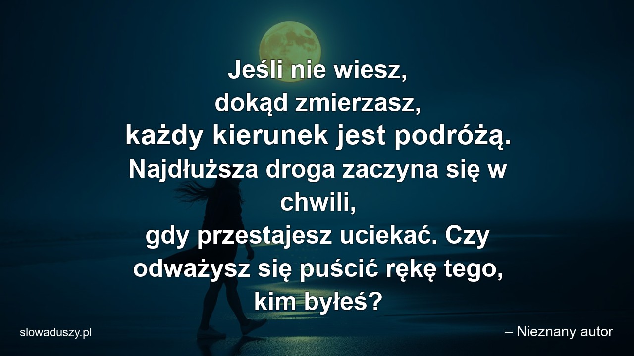 Jeśli nie wiesz,  dokąd zmierzasz,  każdy kierunek jest podróżą. Najdłuższa droga zaczyna się w chwili,  gdy przestajesz uciekać. Czy odważysz się puścić rękę tego,  kim byłeś?