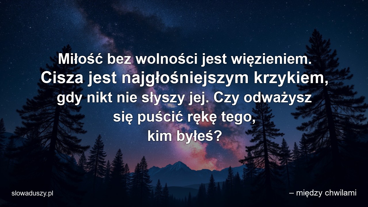 Miłość bez wolności jest więzieniem. Cisza jest najgłośniejszym krzykiem,  gdy nikt nie słyszy jej. Czy odważysz się puścić rękę tego,  kim byłeś? - – między chwilami