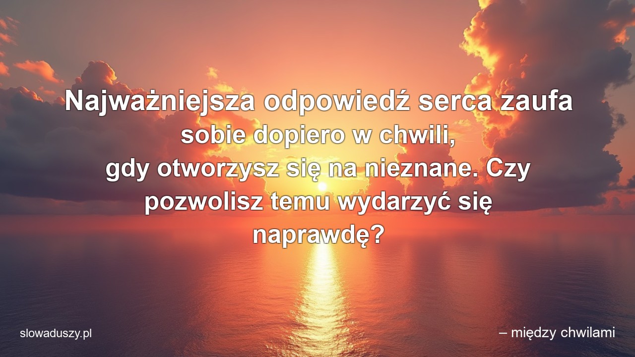 Najważniejsza odpowiedź serca zaufa sobie dopiero w chwili,  gdy otworzysz się na nieznane. Czy pozwolisz temu wydarzyć się naprawdę? - – między chwilami