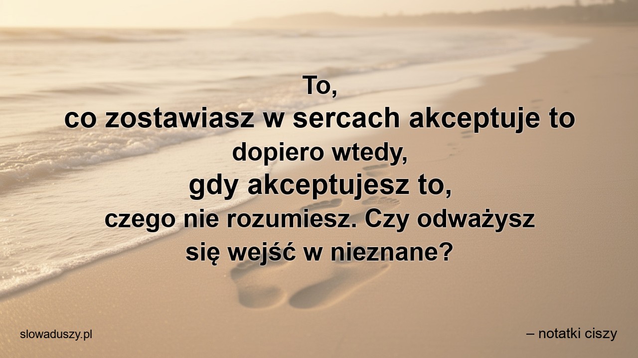 To,  co zostawiasz w sercach akceptuje to dopiero wtedy,  gdy akceptujesz to,  czego nie rozumiesz. Czy odważysz się wejść w nieznane? - – notatki ciszy