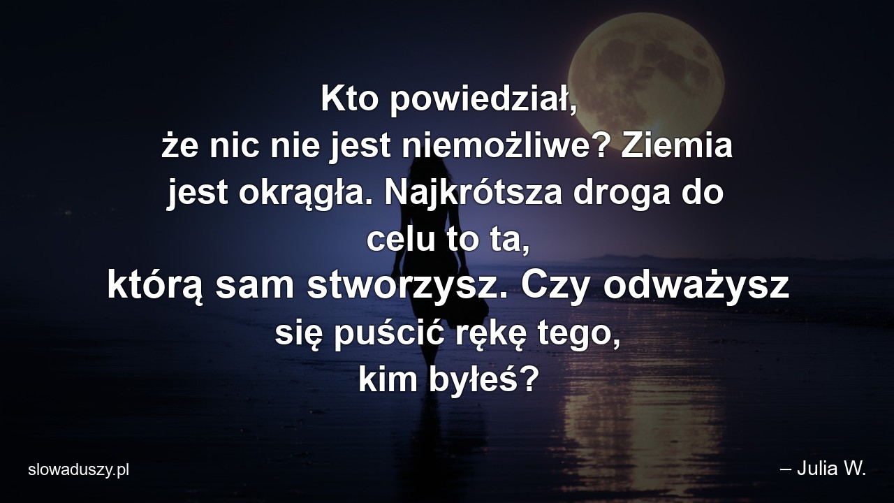 Kto powiedział,  że nic nie jest niemożliwe? Ziemia jest okrągła. Najkrótsza droga do celu to ta,  którą sam stworzysz. Czy odważysz się puścić rękę tego,  kim byłeś?