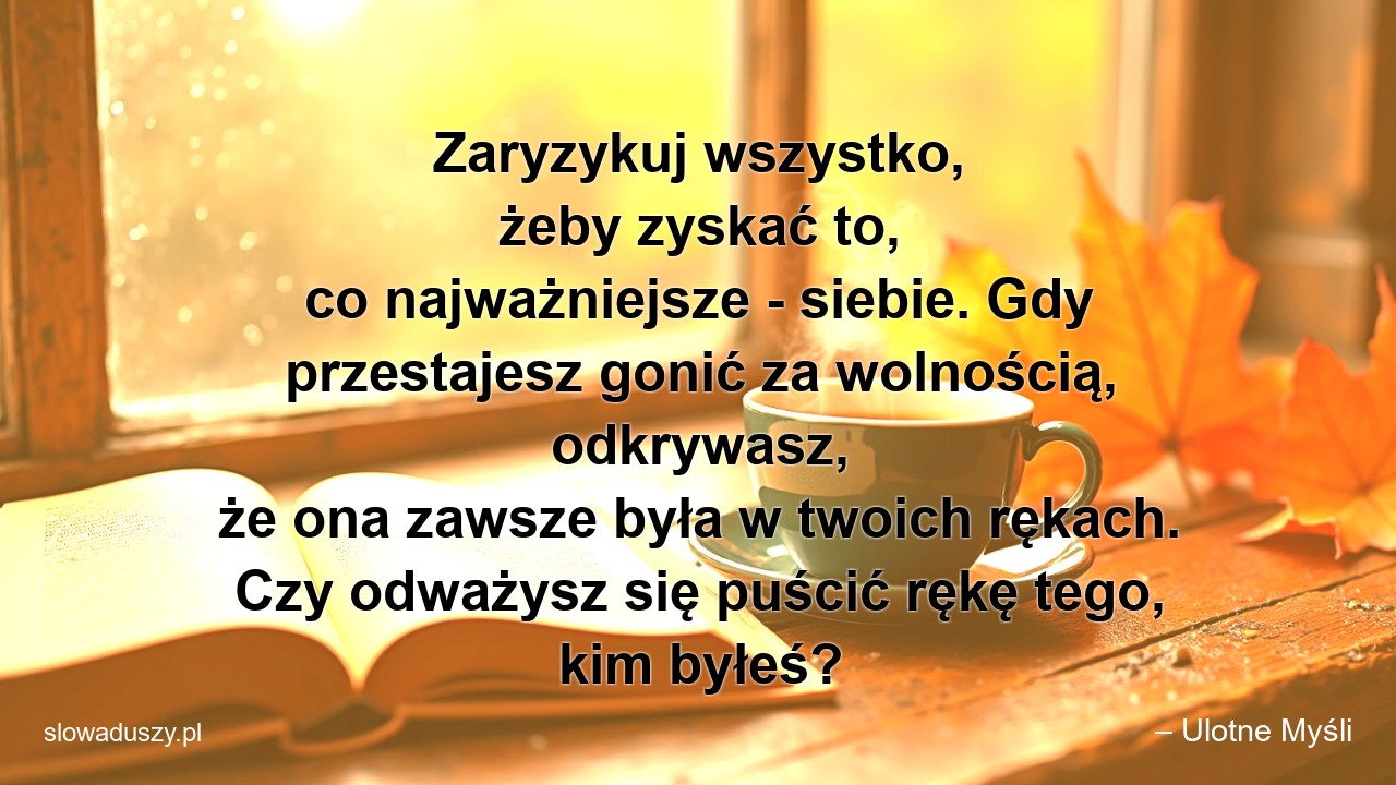 Zaryzykuj wszystko,  żeby zyskać to,  co najważniejsze - siebie. Gdy przestajesz gonić za wolnością,  odkrywasz,  że ona zawsze była w twoich rękach. Czy odważysz się puścić rękę tego,  kim byłeś?