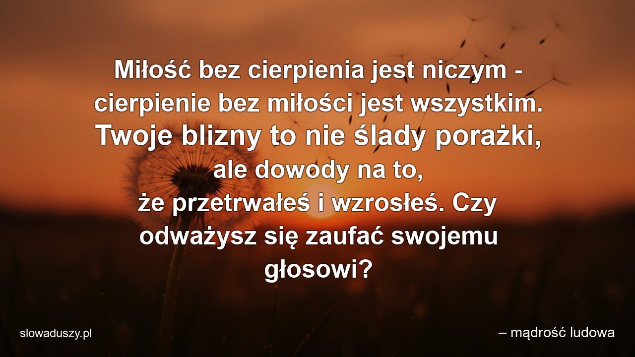 Miłość bez cierpienia jest niczym - cierpienie bez miłości jest wszystkim. Twoje blizny to nie ślady porażki,  ale dowody na to,  że przetrwałeś i wzrosłeś. Czy odważysz się zaufać swojemu głosowi? - – mądrość ludowa