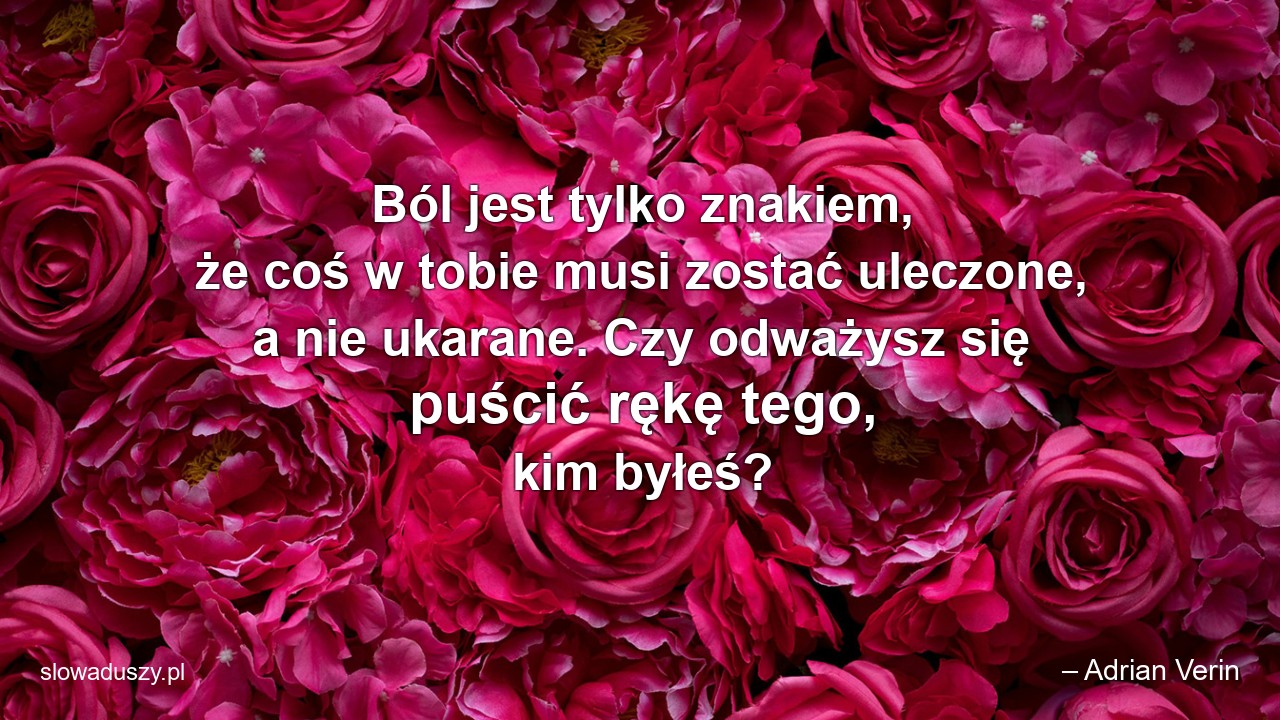 Ból jest tylko znakiem,  że coś w tobie musi zostać uleczone,  a nie ukarane. Czy odważysz się puścić rękę tego,  kim byłeś? - – Adrian Verin