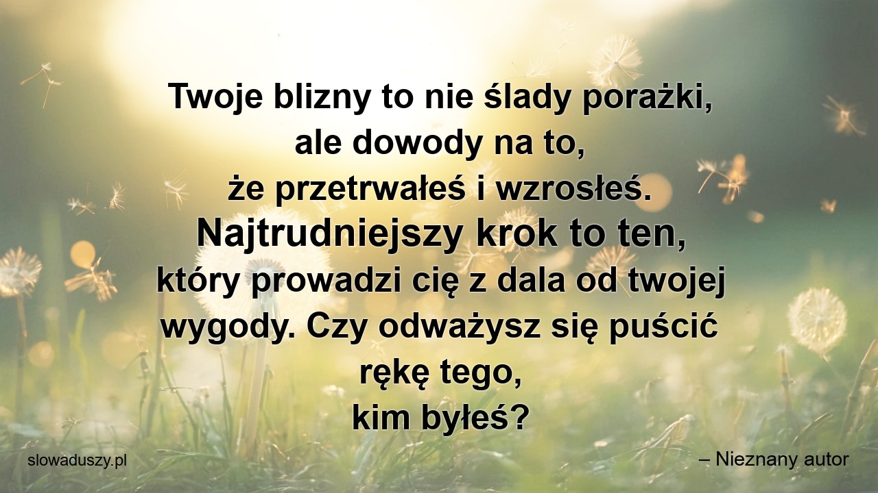 Twoje blizny to nie ślady porażki,  ale dowody na to,  że przetrwałeś i wzrosłeś. Najtrudniejszy krok to ten,  który prowadzi cię z dala od twojej wygody. Czy odważysz się puścić rękę tego,  kim byłeś? - – Nieznany autor