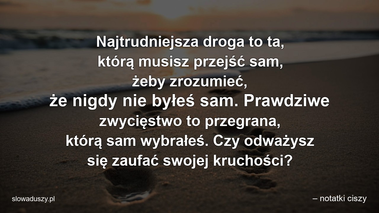 Najtrudniejsza droga to ta,  którą musisz przejść sam,  żeby zrozumieć,  że nigdy nie byłeś sam. Prawdziwe zwycięstwo to przegrana,  którą sam wybrałeś. Czy odważysz się zaufać swojej kruchości?