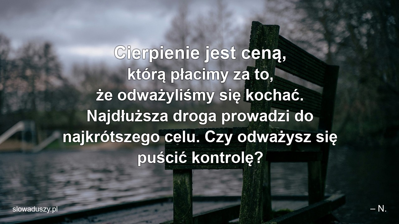 Cierpienie jest ceną,  którą płacimy za to,  że odważyliśmy się kochać. Najdłuższa droga prowadzi do najkrótszego celu. Czy odważysz się puścić kontrolę?