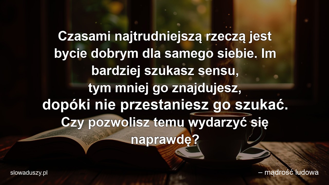 Czasami najtrudniejszą rzeczą jest bycie dobrym dla samego siebie. Im bardziej szukasz sensu,  tym mniej go znajdujesz,  dopóki nie przestaniesz go szukać. Czy pozwolisz temu wydarzyć się naprawdę? - – mądrość ludowa