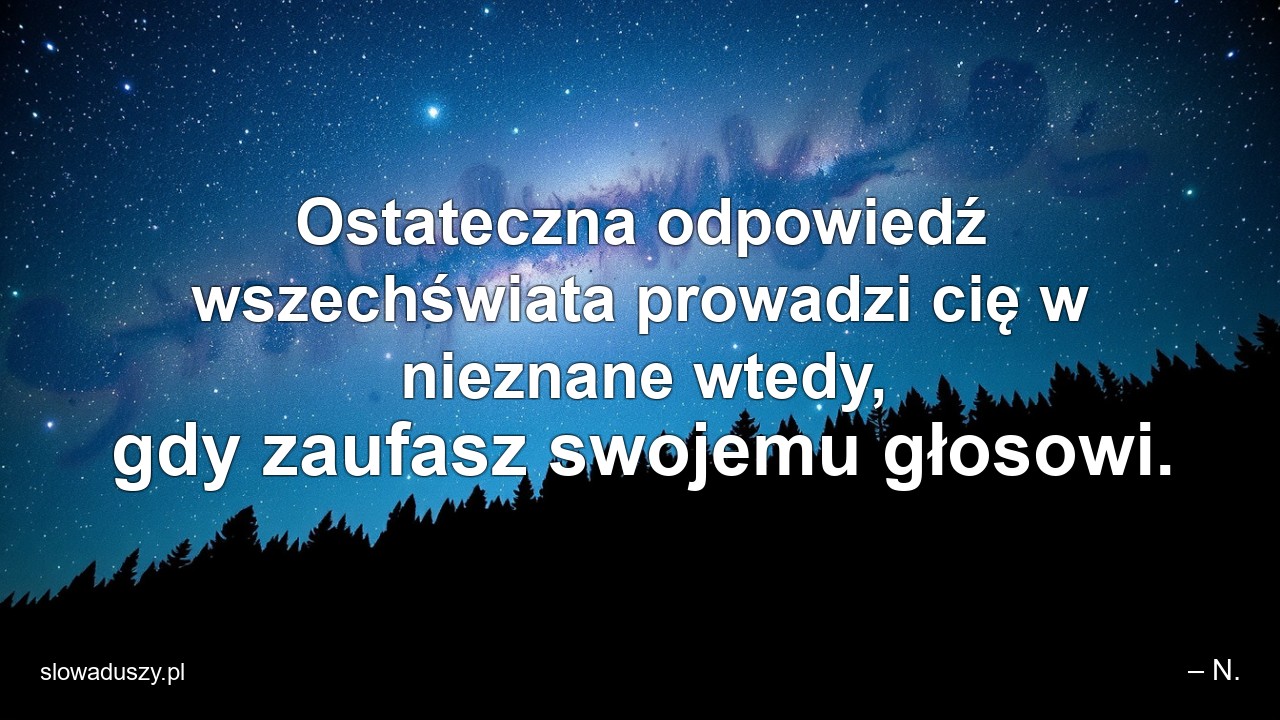 Ostateczna odpowiedź wszechświata prowadzi cię w nieznane wtedy,  gdy zaufasz swojemu głosowi. - – N.