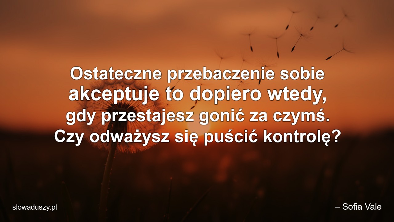 Ostateczne przebaczenie sobie akceptuje to dopiero wtedy,  gdy przestajesz gonić za czymś. Czy odważysz się puścić kontrolę? - – Sofia Vale