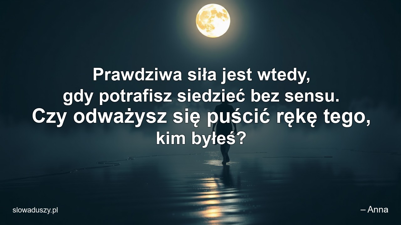 Prawdziwa siła jest wtedy,  gdy potrafisz siedzieć bez sensu. Czy odważysz się puścić rękę tego,  kim byłeś? - – Anna