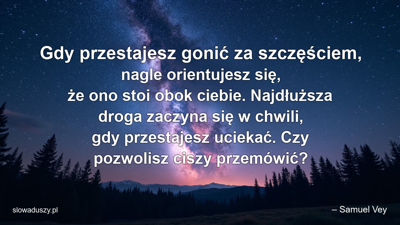 Gdy przestajesz gonić za szczęściem,  nagle orientujesz się,  że ono stoi obok ciebie. Najdłuższa droga zaczyna się w chwili,  gdy przestajesz uciekać. Czy pozwolisz ciszy przemówić? - – Samuel Vey
