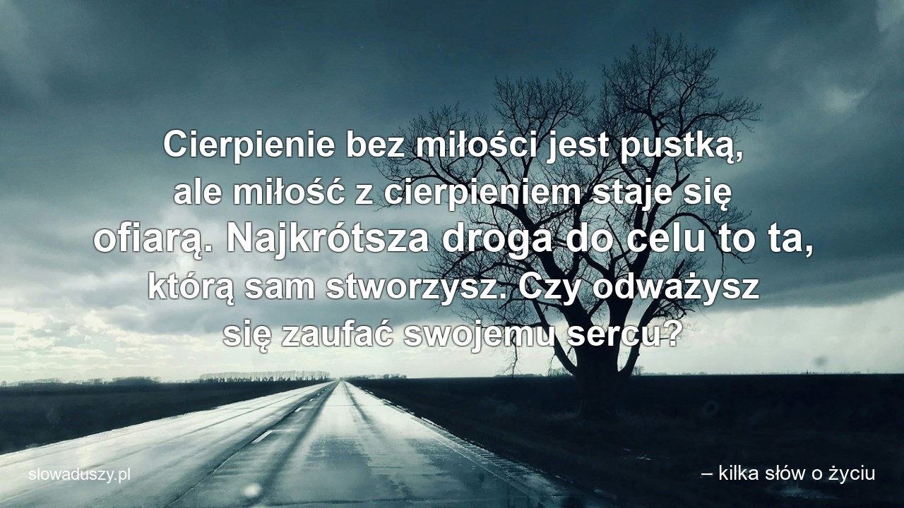 Cierpienie bez miłości jest pustką,  ale miłość z cierpieniem staje się ofiarą. Najkrótsza droga do celu to ta,  którą sam stworzysz. Czy odważysz się zaufać swojemu sercu?