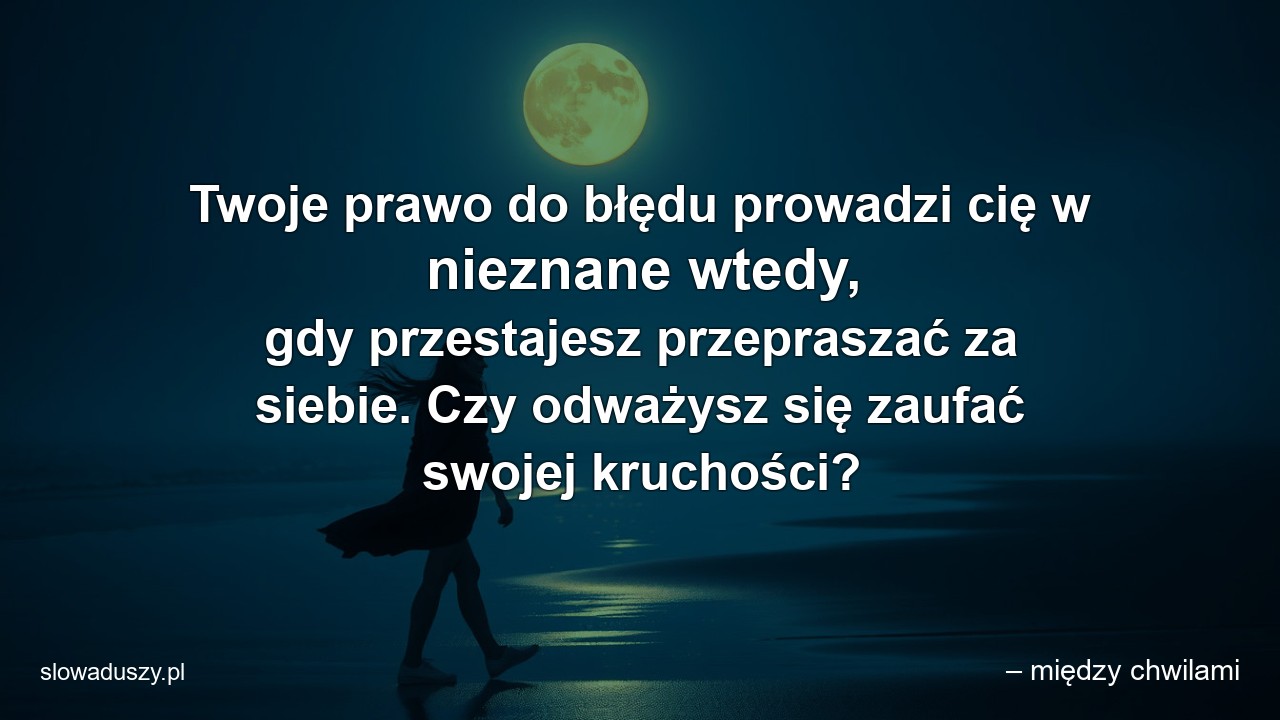 Twoje prawo do błędu prowadzi cię w nieznane wtedy,  gdy przestajesz przepraszać za siebie. Czy odważysz się zaufać swojej kruchości? - – między chwilami