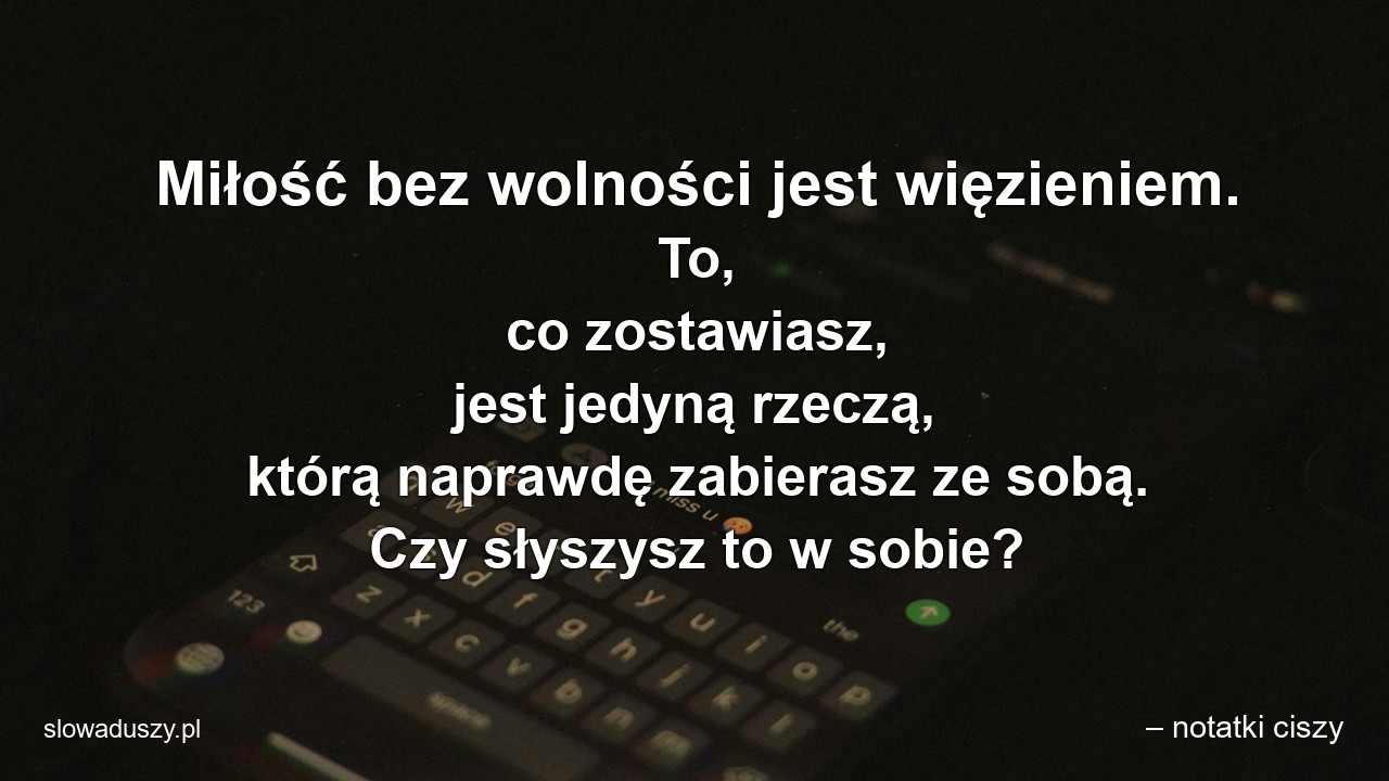 Miłość bez wolności jest więzieniem. To,  co zostawiasz,  jest jedyną rzeczą,  którą naprawdę zabierasz ze sobą. Czy słyszysz to w sobie? - – notatki ciszy