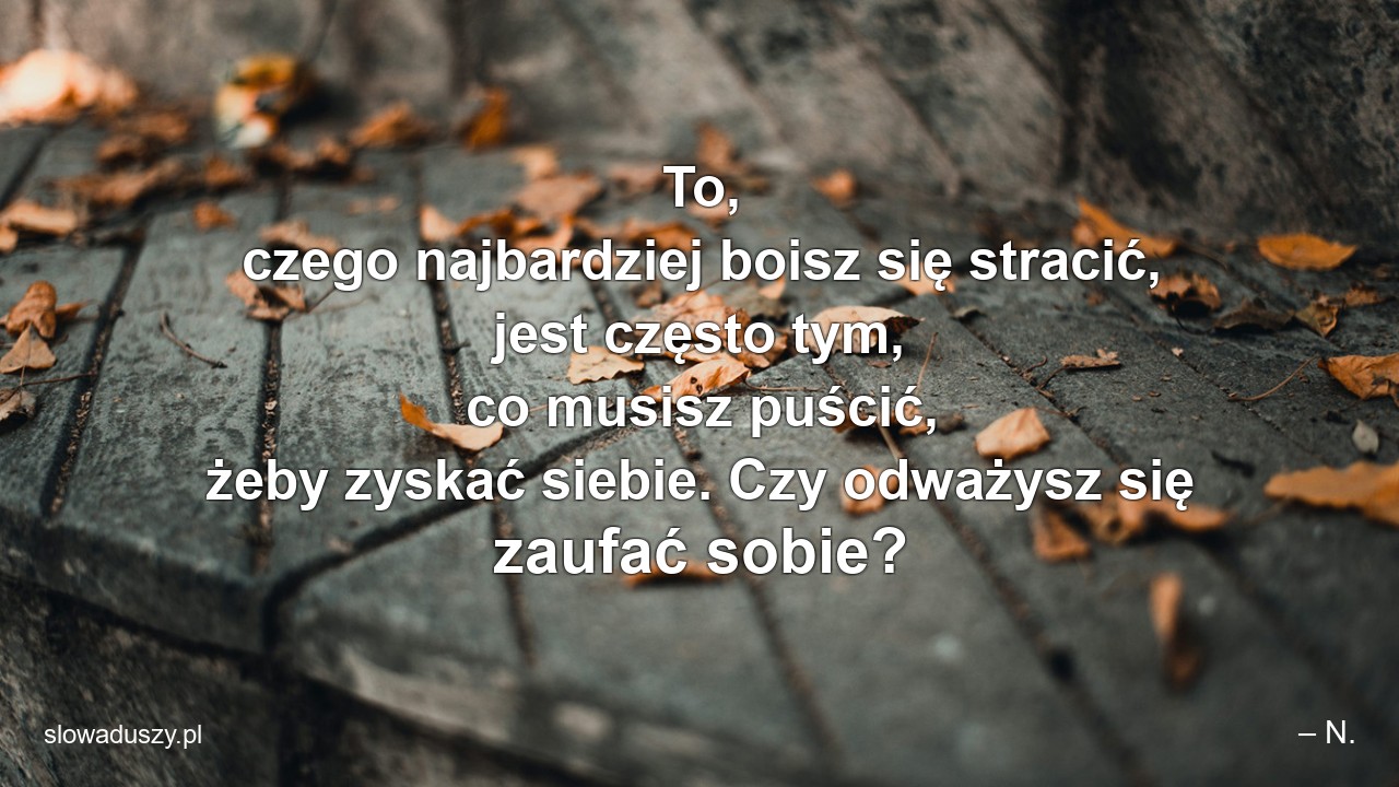 To,  czego najbardziej boisz się stracić,  jest często tym,  co musisz puścić,  żeby zyskać siebie. Czy odważysz się zaufać sobie? - – N.