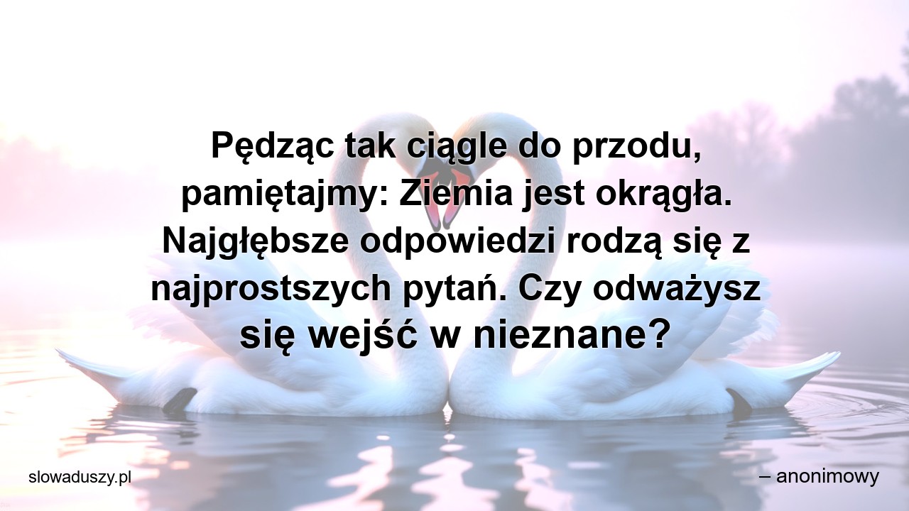 Pędząc tak ciągle do przodu,  pamiętajmy: Ziemia jest okrągła. Najgłębsze odpowiedzi rodzą się z najprostszych pytań. Czy odważysz się wejść w nieznane? - – anonimowy