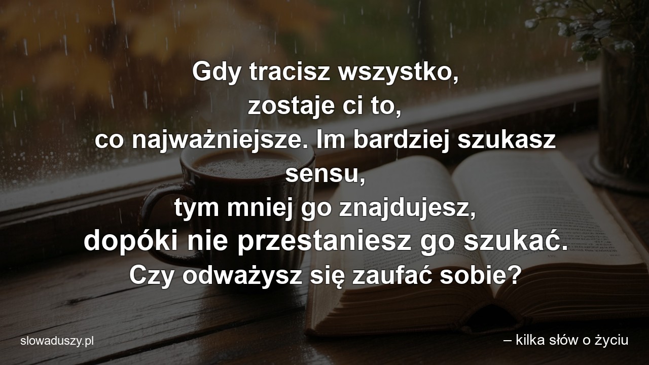 Gdy tracisz wszystko,  zostaje ci to,  co najważniejsze. Im bardziej szukasz sensu,  tym mniej go znajdujesz,  dopóki nie przestaniesz go szukać. Czy odważysz się zaufać sobie? - – kilka słów o życiu