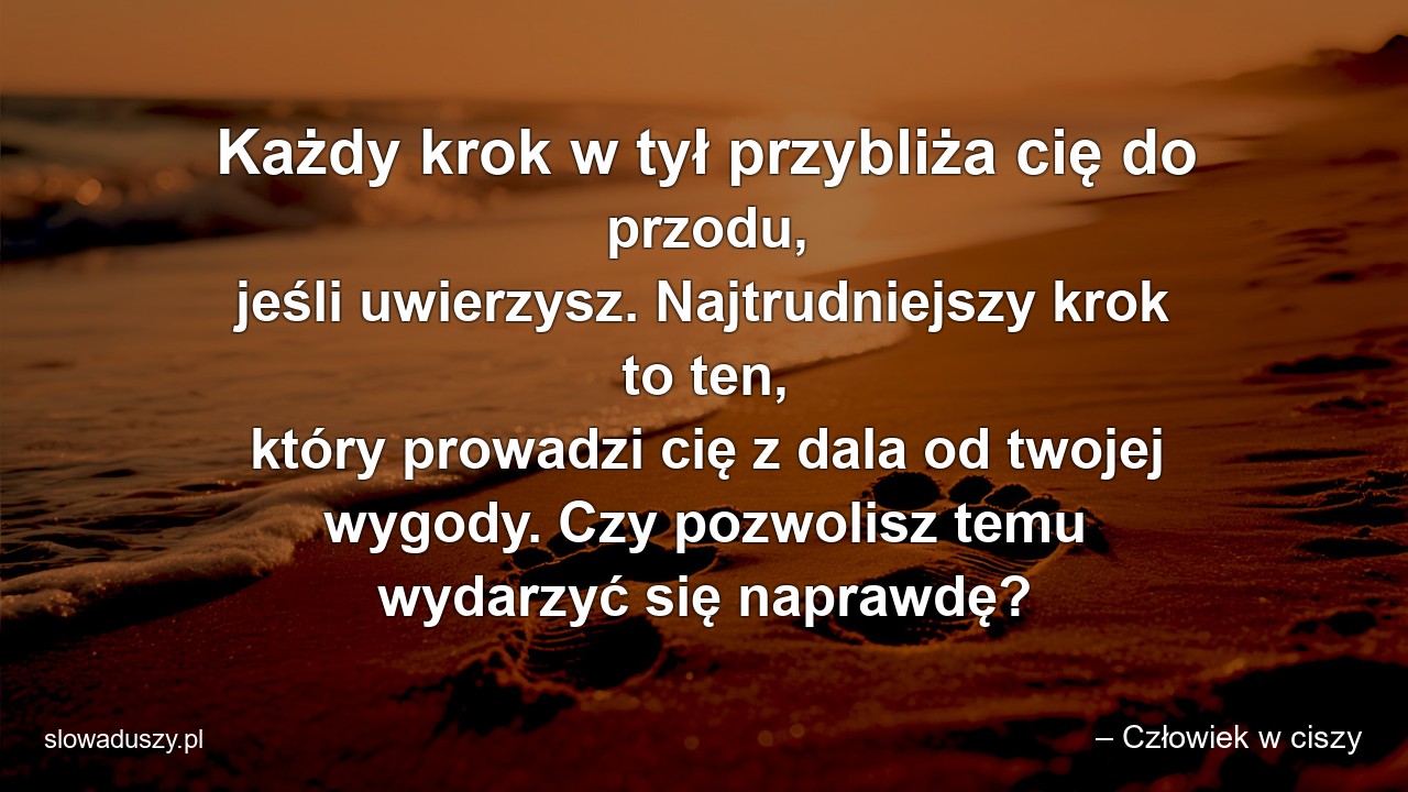 Każdy krok w tył przybliża cię do przodu,  jeśli uwierzysz. Najtrudniejszy krok to ten,  który prowadzi cię z dala od twojej wygody. Czy pozwolisz temu wydarzyć się naprawdę? - – Człowiek w ciszy