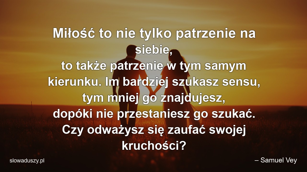 Miłość to nie tylko patrzenie na siebie,  to także patrzenie w tym samym kierunku. Im bardziej szukasz sensu,  tym mniej go znajdujesz,  dopóki nie przestaniesz go szukać. Czy odważysz się zaufać swojej kruchości? - – Samuel Vey