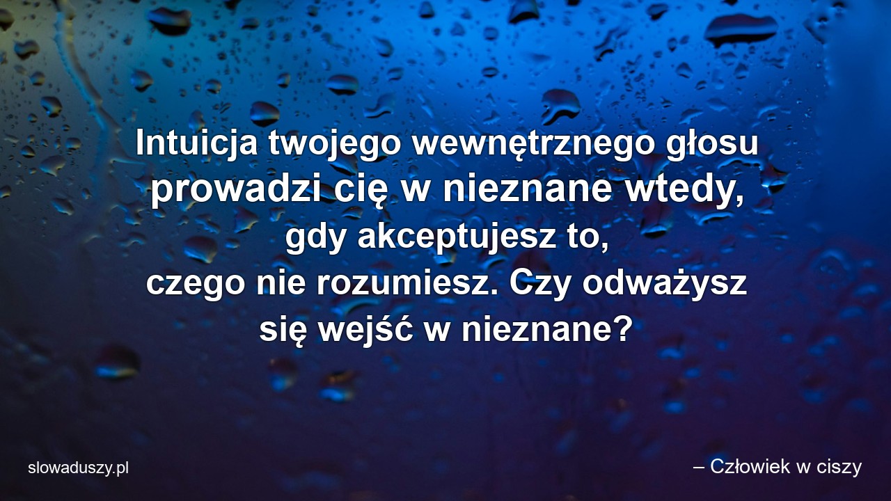 Intuicja twojego wewnętrznego głosu prowadzi cię w nieznane wtedy,  gdy akceptujesz to,  czego nie rozumiesz. Czy odważysz się wejść w nieznane? - – Człowiek w ciszy