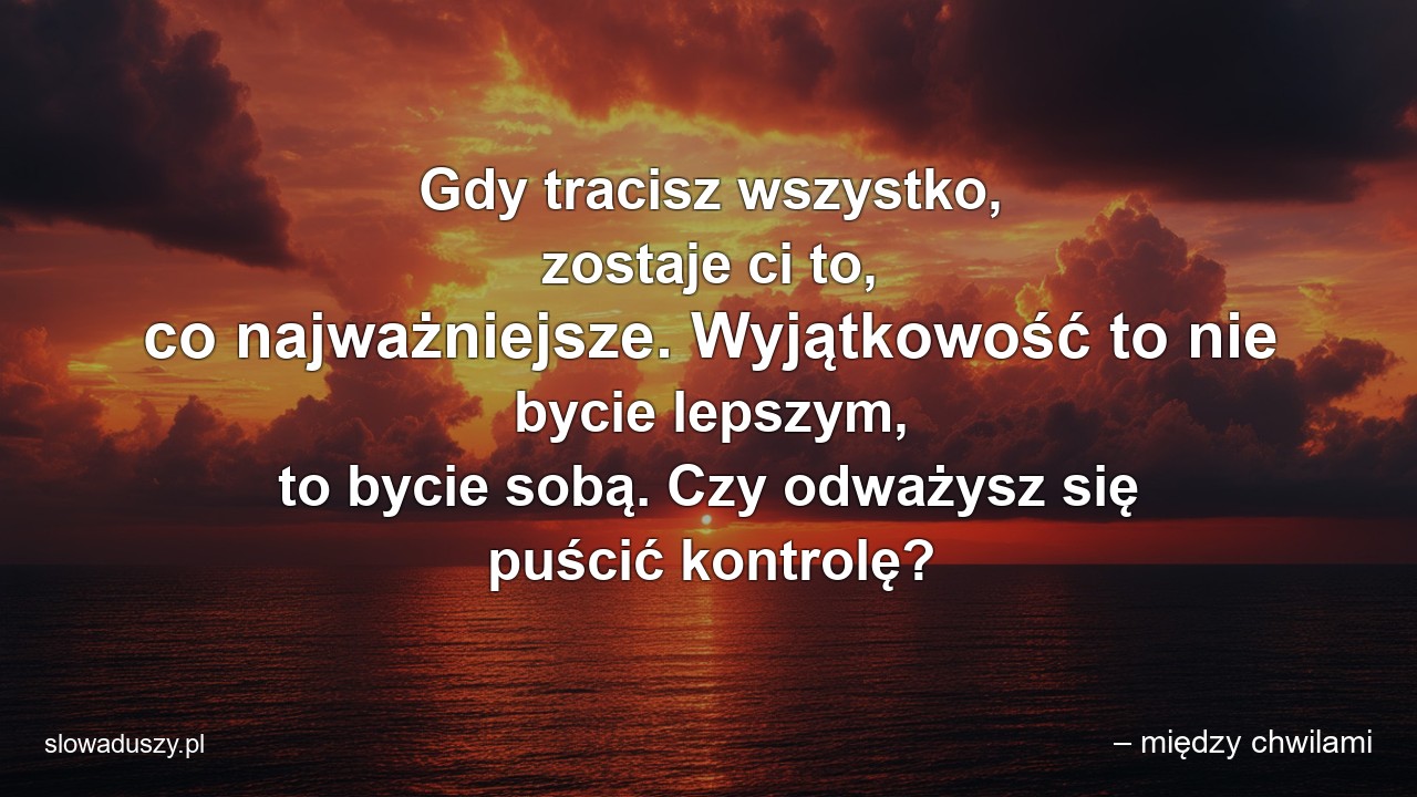 Gdy tracisz wszystko,  zostaje ci to,  co najważniejsze. Wyjątkowość to nie bycie lepszym,  to bycie sobą. Czy odważysz się puścić kontrolę?