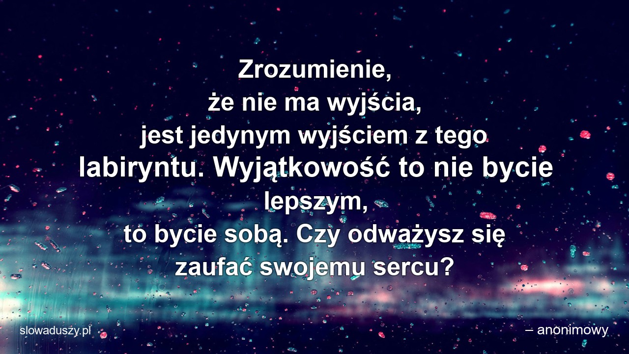 Zrozumienie,  że nie ma wyjścia,  jest jedynym wyjściem z tego labiryntu. Wyjątkowość to nie bycie lepszym,  to bycie sobą. Czy odważysz się zaufać swojemu sercu?