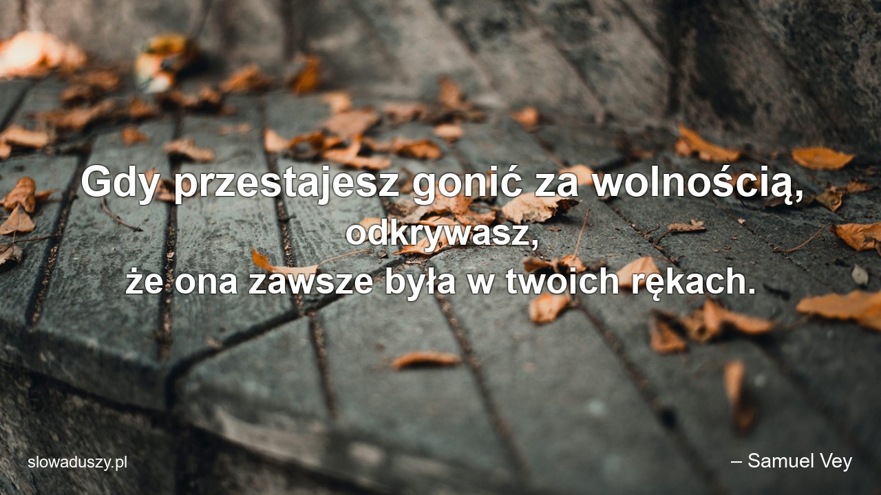 Gdy przestajesz gonić za wolnością,  odkrywasz,  że ona zawsze była w twoich rękach. - – Samuel Vey