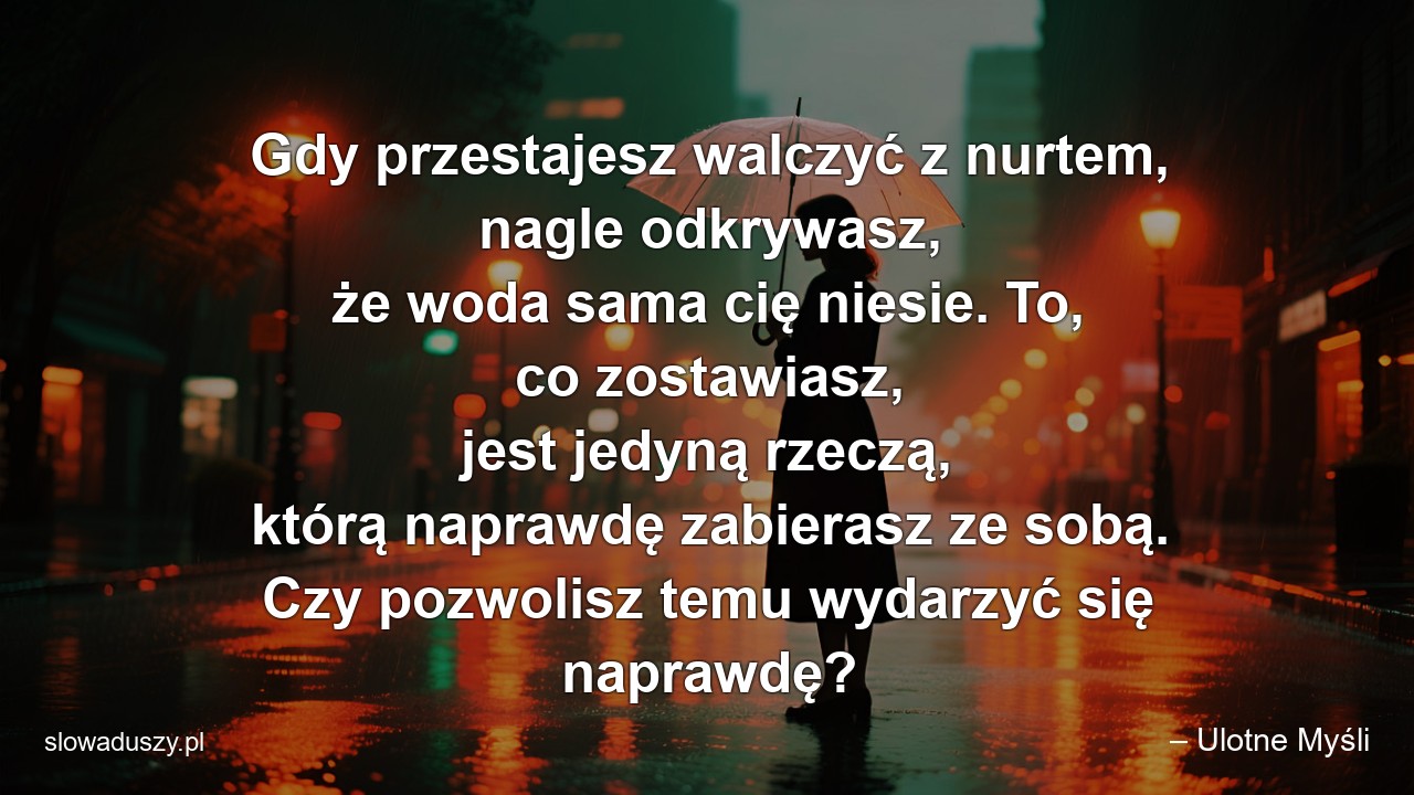 Gdy przestajesz walczyć z nurtem,  nagle odkrywasz,  że woda sama cię niesie. To,  co zostawiasz,  jest jedyną rzeczą,  którą naprawdę zabierasz ze sobą. Czy pozwolisz temu wydarzyć się naprawdę?