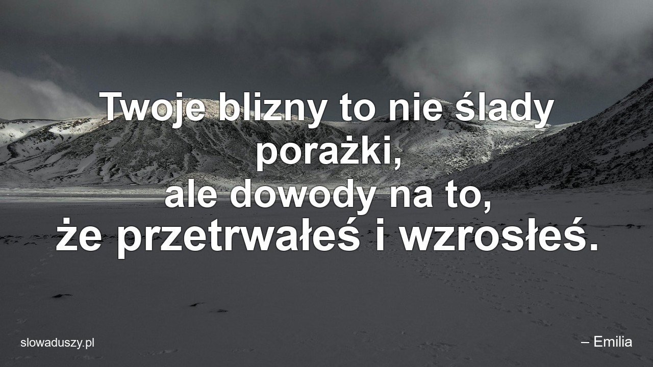Twoje blizny to nie ślady porażki,  ale dowody na to,  że przetrwałeś i wzrosłeś. - – Emilia