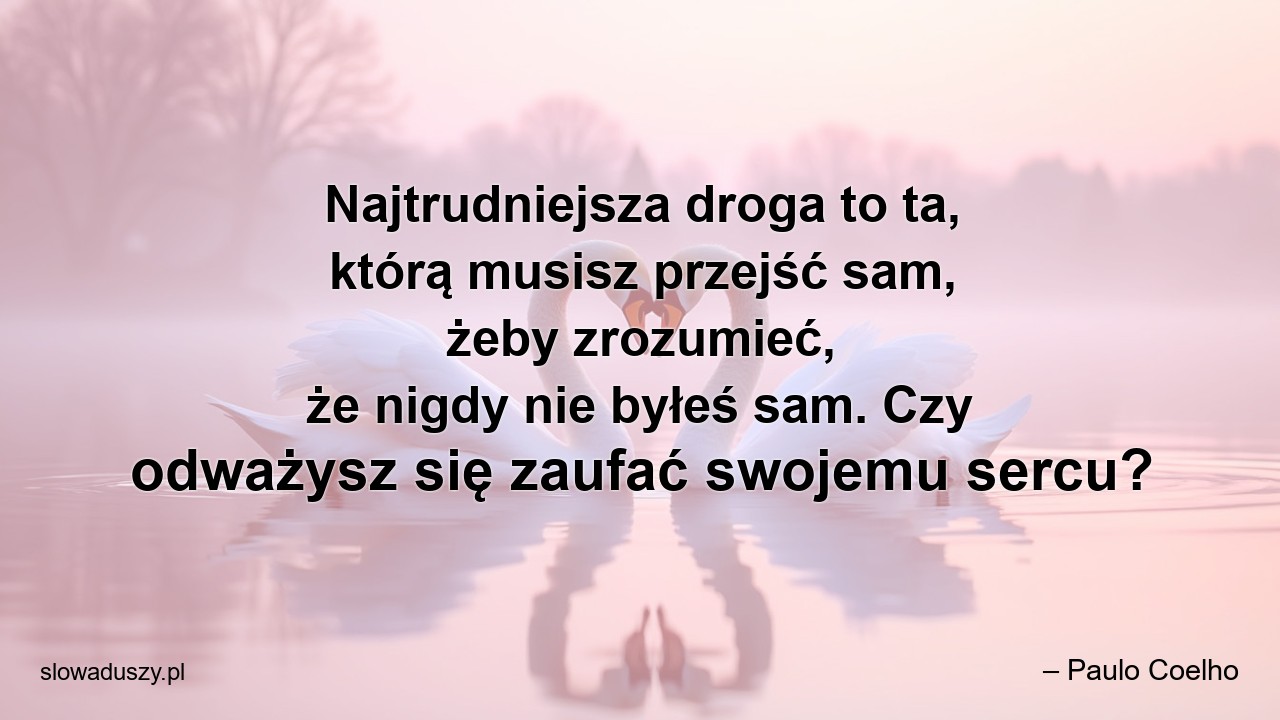 Najtrudniejsza droga to ta,  którą musisz przejść sam,  żeby zrozumieć,  że nigdy nie byłeś sam. Czy odważysz się zaufać swojemu sercu? - – Paulo Coelho