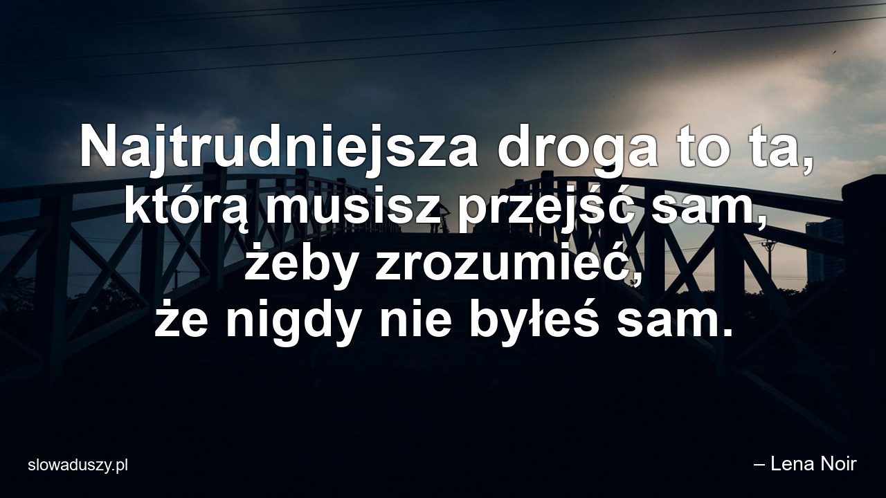 Najtrudniejsza droga to ta,  którą musisz przejść sam,  żeby zrozumieć,  że nigdy nie byłeś sam. - – Lena Noir